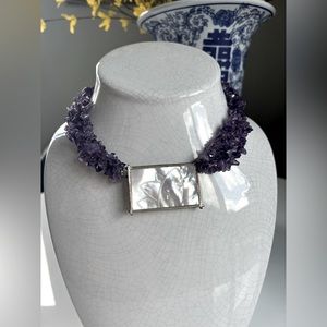 Amethyst necklace with craved mother of pearl medallion